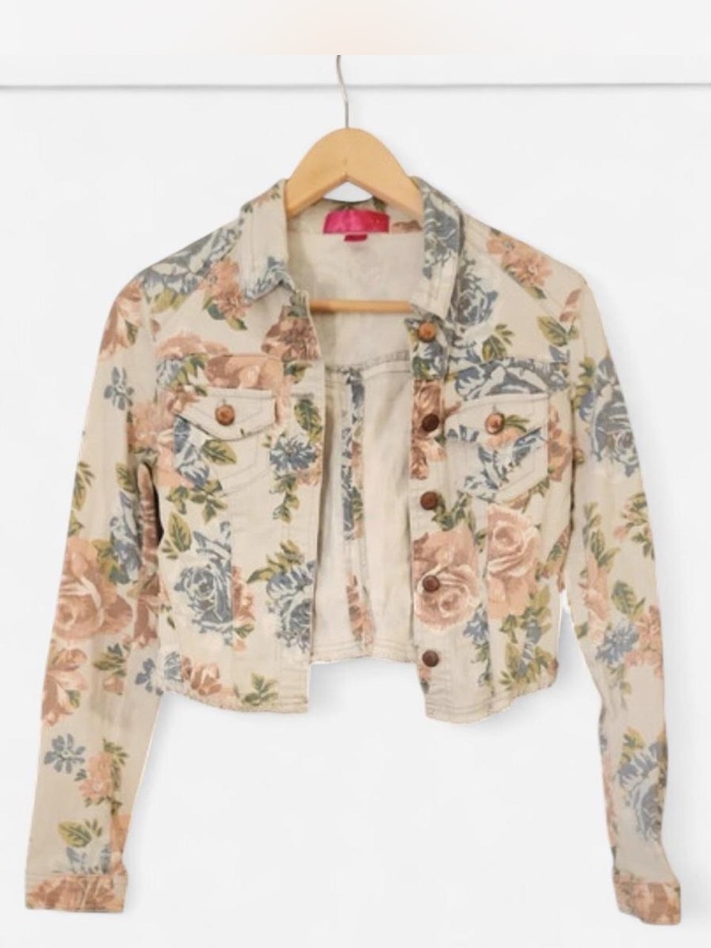 Tinseltown Floral Cropped Jean Jacket - Cream with Pink & Blue Roses